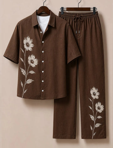 Men's Coffee Brown Floral Print Co-Ord Set