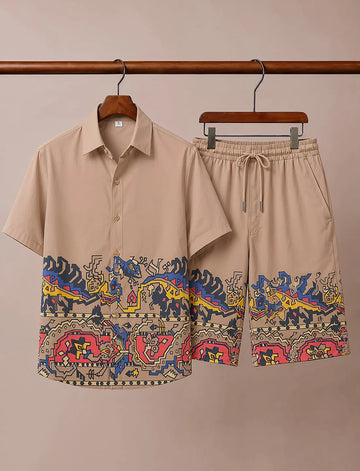 Men's Beige Abstract Tribal Co-Ord Set