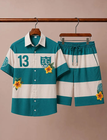 Men's Teal White Graphic Print Co-Ord Set