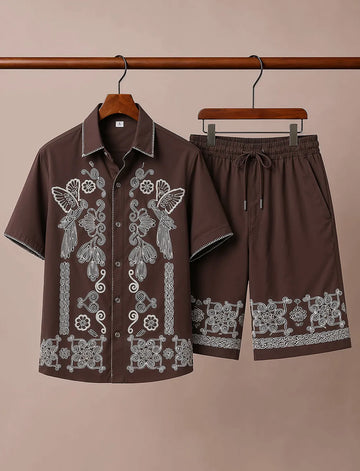 Men's Coffee Brown Designer Pattern Co-Ord Set