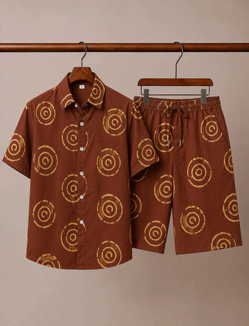 Men's Coffee Brown Spiral Print Co-Ord Set