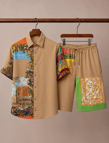 Men's Beige Scenic Print Half Sleeve Set