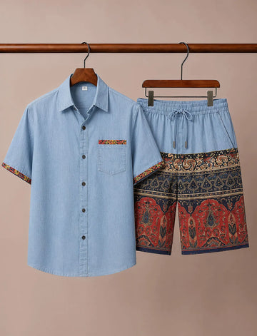 Men's Sky Blue Decorative Pattern Co-Ord Set