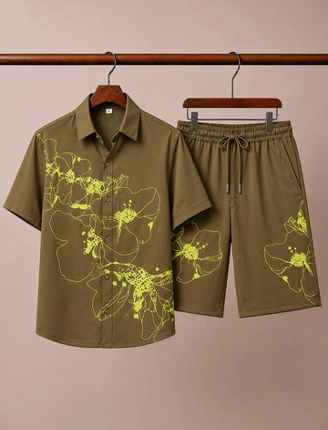 Men's Olive Green Graphic Half Sleeve Co-Ord Set