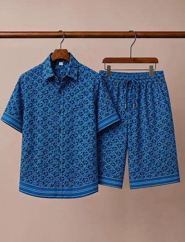Men's Royal Blue Monogram Print Co-Ord Set