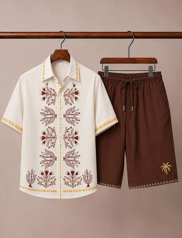 Men's Off White Brown Floral Co-Ord Set