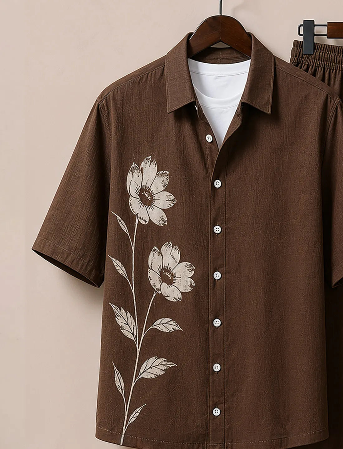 Men's Coffee Brown Floral Print Co-Ord Set