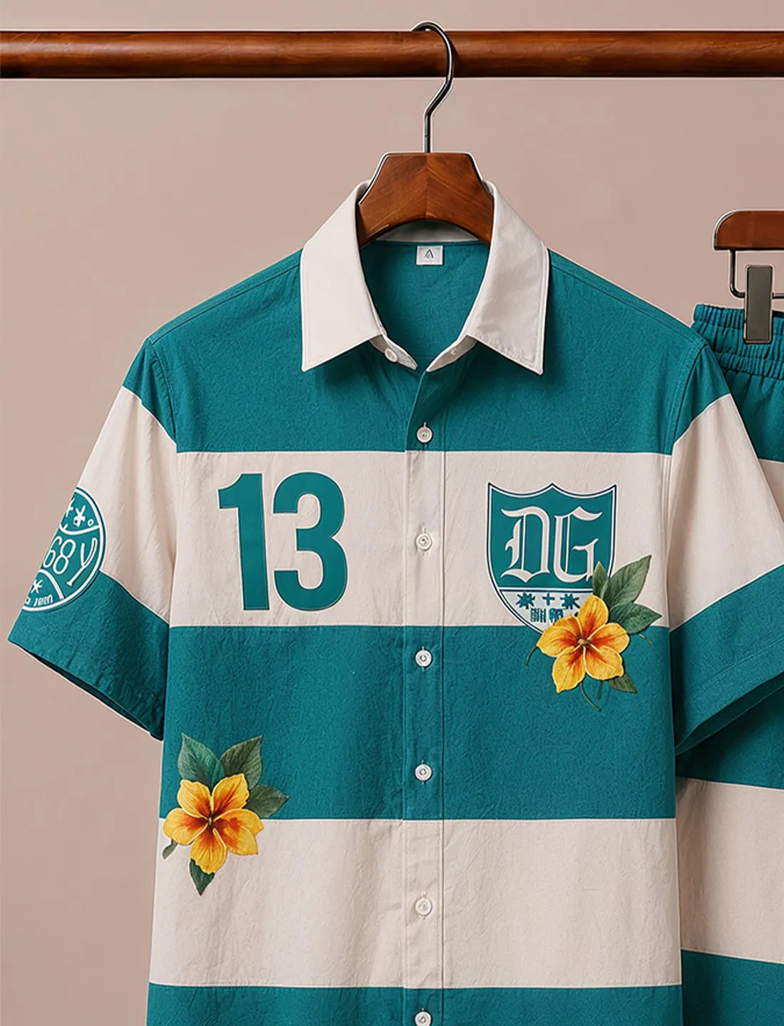 Men's Teal White Graphic Print Co-Ord Set
