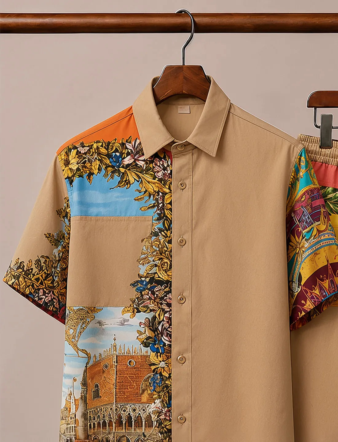 Men's Beige Scenic Print Half Sleeve Set