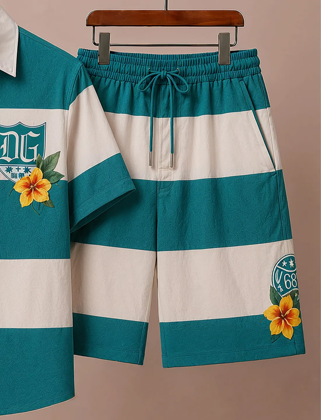 Men's Teal White Graphic Print Co-Ord Set