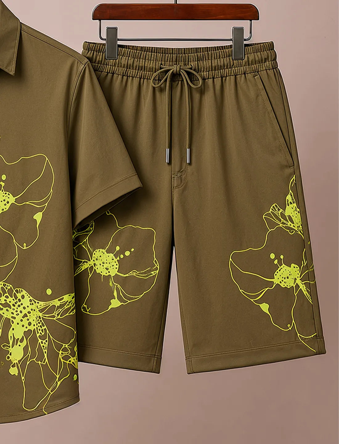 Men's Olive Green Graphic Half Sleeve Co-Ord Set