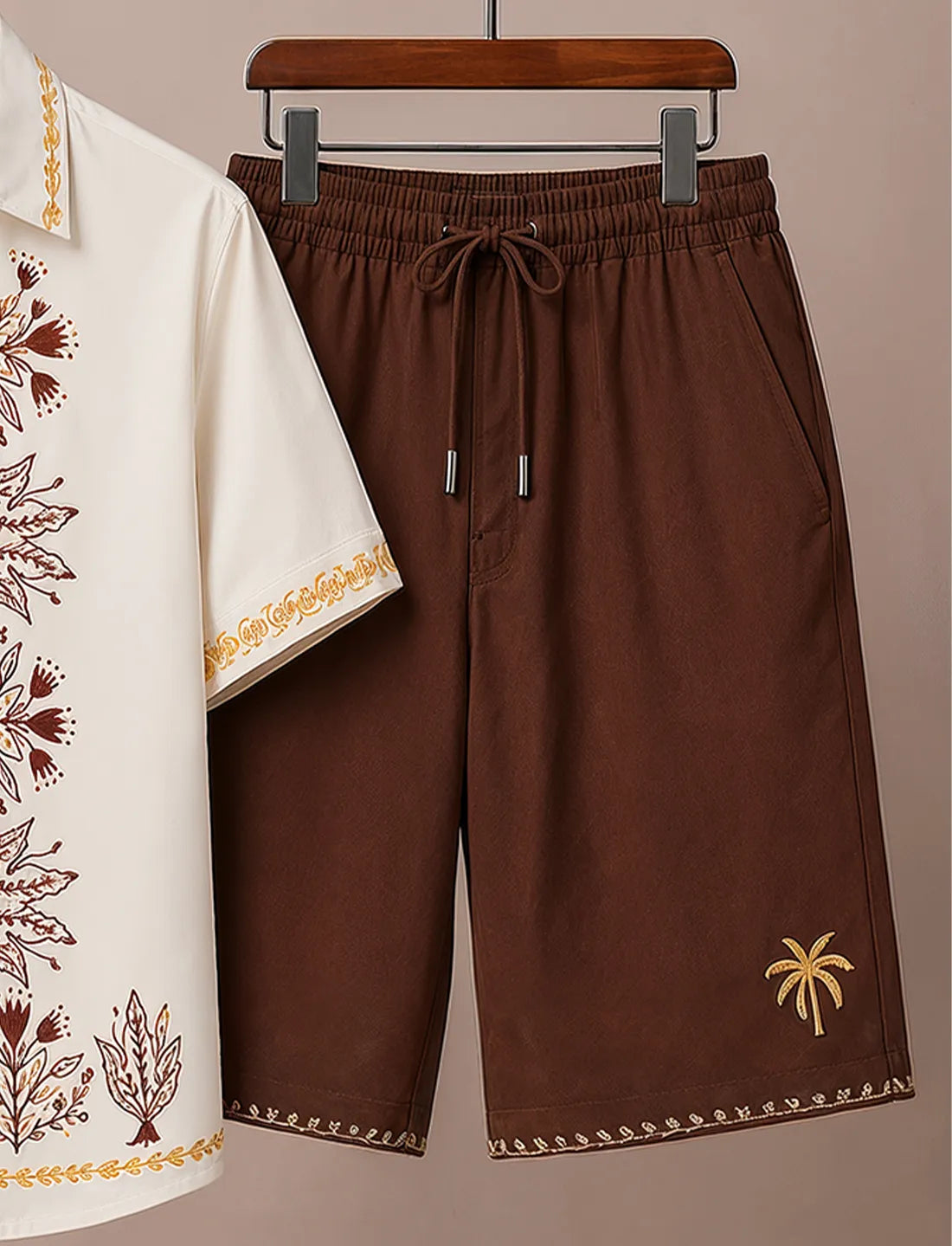 Men's Off White Brown Floral Co-Ord Set