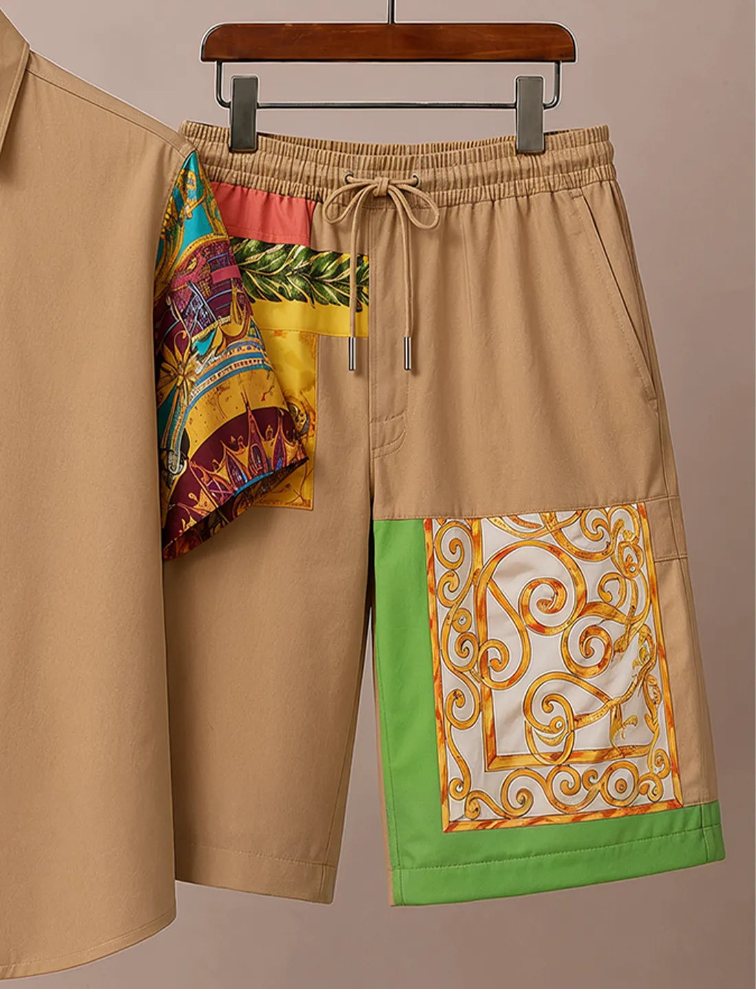 Men's Beige Scenic Print Half Sleeve Set